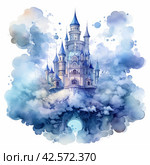 Castle in the Clouds With Flag. Стоковое AI-изображение, AI-художник Юлия Гапеенко / Фотобанк Лори