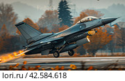 Blue Fighter Jet With Yellow Flame. Стоковое AI-изображение, AI-художник Юлия Гапеенко / Фотобанк Лори
