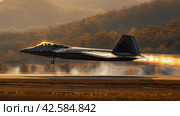 Blue Fighter Jet With Yellow Flame. Стоковое AI-изображение, AI-художник Юлия Гапеенко / Фотобанк Лори