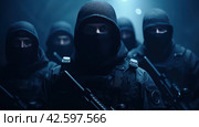 russian spies from group of men with guns in dark gloomy area. Стоковое AI-изображение, AI-художник Юлия Гапеенко / Фотобанк Лори
