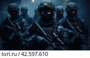 soldiers wearing masks and firearms in the dark. Стоковое AI-изображение, AI-художник Юлия Гапеенко / Фотобанк Лори