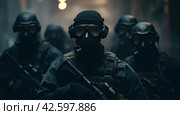 soldiers wearing masks and firearms in the dark. Стоковое AI-изображение, AI-художник Юлия Гапеенко / Фотобанк Лори