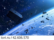 Satellite debris orbiting Earth. Стоковое AI-изображение, AI-художник Данил Руденко / Фотобанк Лори
