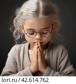 Praying girl dark background - AI generated. Стоковое AI-изображение, AI-художник Данил Руденко / Фотобанк Лори