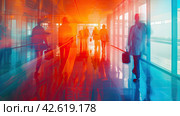 A blurry photo shows Doctors and nurses running the hospital while engineers collaborate on designing and installing advanced medical equipment. Стоковое AI-изображение, AI-художник Ярославский Максим / Фотобанк Лори