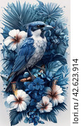 Bird among tropical flowers, blue colors, watercolor,    Generative AI. Стоковое AI-изображение, AI-художник Анна Кривицкая / Фотобанк Лори