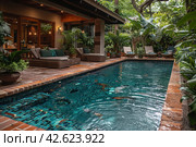 Pool in the shade of trees near the house, tropics,    Generative AI. Стоковое AI-изображение, AI-художник Анна Кривицкая / Фотобанк Лори