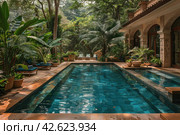 Pool in the shade of trees near the house, tropics,    Generative AI. Стоковое AI-изображение, AI-художник Анна Кривицкая / Фотобанк Лори
