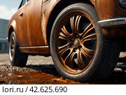 Replacing car's front chassis wheel, close-up. Front wheel of car with maintenance rust showing wear from exposure to elements over time, outdoors. Car auto repair concept. Copy ad text space poster. Стоковое AI-изображение, AI-художник Aleksandr Golubev / Фотобанк Лори