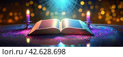 An open book with candles on a digitalized surface, mystic. Ancient tome lie on a futuristic interface, lights and data patterns surrounding. Panorama with copy space. Стоковое AI-изображение, AI-художник Igor Tichonow / Фотобанк Лори