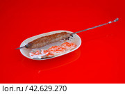 Шашлык из фарша, Люля-кебаб на белой тарелке с луком и соусом на зеркальном красном фоне. Стоковое фото, фотограф Михаил Киселев / Фотобанк Лори