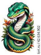 Green snake, symbol of 2025, on a white background. Стоковое AI-изображение, AI-художник Наталья Симакова / Фотобанк Лори