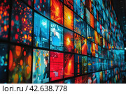 Vibrant video wall displaying diverse content in a modern setting. Стоковое AI-изображение, AI-художник Юрий Поздников / Фотобанк Лори