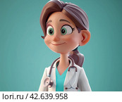 Portrait of 3d female doctor. Isomeric character. Woman in white coat with a stethoscope. Health care. Стоковое AI-изображение, AI-художник Катерина Ковалева / Фотобанк Лори