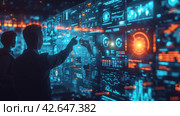 Executives collaborate on a project, utilizing sophisticated algorithms and AI-powered tools to devise. Стоковое AI-изображение, AI-художник Юлия Гапеенко / Фотобанк Лори