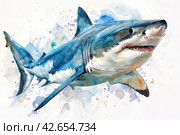 Shark, watercolor on a white background,    Generative AI. Стоковое AI-изображение, AI-художник Анна Кривицкая / Фотобанк Лори
