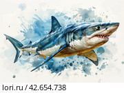 Shark, watercolor on a white background,    Generative AI. Стоковое AI-изображение, AI-художник Анна Кривицкая / Фотобанк Лори