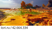 Unusual natural landscape with vibrant mineral deposits, hot springs and volcanic rocks. Стоковое AI-изображение, AI-художник Евгений Харитонов / Фотобанк Лори