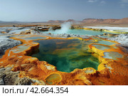 Hot mineralized springs with colorful sediments in a volcanic basin. Стоковое AI-изображение, AI-художник Евгений Харитонов / Фотобанк Лори