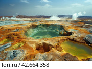 Landscape with colorful hot springs in a volcanic area. Стоковое AI-изображение, AI-художник Евгений Харитонов / Фотобанк Лори