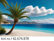 Palm tree on mountain against backdrop of azure Aegean Sea, lush mountains, fluffy clouds in blue sky and beach with white sand and people. Concept of relaxation, recreation and travel. Copy space. Стоковое AI-изображение, AI-художник Aleksandr Golubev / Фотобанк Лори