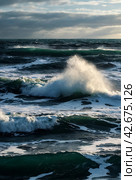 Atmospheric scenery Dramatic Baltic sea, waves and water splashes on breakwaters. Nature north cloudscape on coast ocean. Environment with fickle weather, climate change. Stormy, abstract backgrounds. Стоковое AI-изображение, AI-художник Aleksandr Golubev / Фотобанк Лори