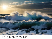 Atmospheric scenery Dramatic Baltic sea, waves and water splashes on breakwaters. Nature north cloudscape on coast ocean. Environment with fickle weather, climate change. Stormy, abstract backgrounds. Стоковое AI-изображение, AI-художник Aleksandr Golubev / Фотобанк Лори