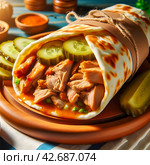 Вкусная сочная начинка завернута в хлебную лепешку. Шаверма с маринованными огурцами, кусочками мяса и соусом в лаваше на столе. Стоковое AI-изображение, AI-художник Sergei Gorin / Фотобанк Лори