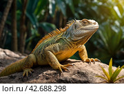 land iguana (Conolophus subcristatus) endemic to Galapagos islands. Lizards (Conolophus) in tropical animal world. Observation of wildlife area. Holiday adventure in Ecuador. Стоковое AI-изображение, AI-художник Aleksandr Golubev / Фотобанк Лори