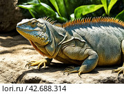 land iguana (Conolophus subcristatus) endemic to Galapagos islands. Lizards (Conolophus) in tropical animal world. Observation of wildlife area. Holiday adventure in Ecuador. Стоковое AI-изображение, AI-художник Aleksandr Golubev / Фотобанк Лори