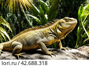 land iguana (Conolophus subcristatus) endemic to Galapagos islands. Lizards (Conolophus) in tropical animal world. Observation of wildlife area. Holiday adventure in Ecuador. Стоковое AI-изображение, AI-художник Aleksandr Golubev / Фотобанк Лори