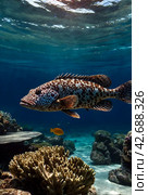 Malabar grouper swimming in tropical underwaters. Grouper in underwater world. Observation of animal world. Scuba diving adventure in South Africa coast of RSA. Стоковое AI-изображение, AI-художник Aleksandr Golubev / Фотобанк Лори