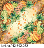 Orange pumpkin and zucchini watercolor illustration. Hand drawn illustration for cards, textile, scrapbooking. Акварельная иллюстрация с тыквами. Стоковая иллюстрация, иллюстратор Карнаухова Елена / Фотобанк Лори