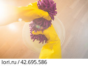 House cleaning concept. woman wiping up the floor. woman in protective gloves wiping up the floor. cleaning floor in house with purple rag. Стоковое фото, фотограф Константин Григорьев / Фотобанк Лори