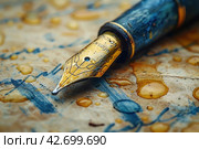 An antique fountain pen whose tip touches written paper. The handle is decorated with elegant engraving. Traces of ink are visible    Generative AI. Стоковое AI-изображение, AI-художник Анна Кривицкая / Фотобанк Лори
