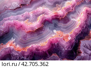 Close-up of an agate, a gemstone characterized by parallel bands of varying shades. Colors range from soft pink to deep burgundy, with vibrant crystal formations and whitish tops. Стоковое AI-изображение, AI-художник Анна Кривицкая / Фотобанк Лори