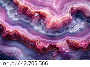 Close-up of an agate, a gemstone characterized by parallel bands of varying shades. Colors range from soft pink to deep burgundy, with vibrant crystal formations and whitish tops. Стоковое AI-изображение, AI-художник Анна Кривицкая / Фотобанк Лори