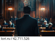 Lawyer presenting case in a grand courtroom setting. Стоковое AI-изображение, AI-художник Антон Гвоздиков / Фотобанк Лори