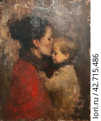 A touching moment is a kiss between an adult and a child, perhaps between a parent and a child. The painting is made in warm colors with a strongly pronounced texture of paint strokes. Стоковое AI-изображение, AI-художник Анна Кривицкая / Фотобанк Лори