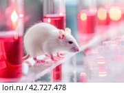 A laboratory test mouse among the laboratory equipment. Laboratory Animal Protection Day. Generated by AI. Стоковое AI-изображение, AI-художник Ярославский Максим / Фотобанк Лори