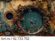 A door or round window reminiscent of a fairy tale or fantasy element, probably inspired by the Hobbiton style of Tolkien's works. Стоковое AI-изображение, AI-художник Анна Кривицкая / Фотобанк Лори