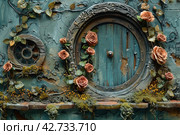 A door or round window reminiscent of a fairy tale or fantasy element, probably inspired by the Hobbiton style of Tolkien's works. Стоковое AI-изображение, AI-художник Анна Кривицкая / Фотобанк Лори