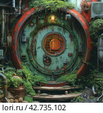 A creative piece of nature integrated into an industrial object, reminiscent of a round door or porthole, covered in thickets and lichen, which creates the atmosphere of a post-apocalyptic world or an abandoned utopian society. Стоковое AI-изображение, AI-художник Анна Кривицкая / Фотобанк Лори