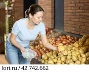 Female customer made beeline for fresh produce section, pick potato and puts it in bag. Стоковое фото, фотограф Яков Филимонов / Фотобанк Лори