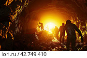 Mining workers in a tunneling tunnel in front of a light source. Generated by AI. Стоковое AI-изображение, AI-художник Ярославский Максим / Фотобанк Лори