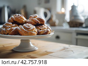 Cinnamon buns on a Scandi table. Image for cafe menu, Banner. Стоковое AI-изображение, AI-художник Ирина Ручушкина / Фотобанк Лори