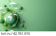 3d rendering Paper illustration of a green planet around plants and clean ecology. Стоковое AI-изображение, AI-художник Ярославский Максим / Фотобанк Лори