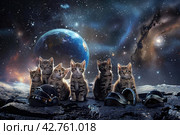 Small fluffy kittens are sitting on the surface of the planet against the background of a cosmic landscape. Стоковое AI-изображение, AI-художник Ярославский Максим / Фотобанк Лори