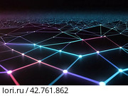 Abstract background of data technology creativity backdrop. Connecting dots and lines on dark black background, poster. Conceptual design backgrounds concept. Gen ai illustration. Copy ad text space. Стоковое AI-изображение, AI-художник Aleksandr Golubev / Фотобанк Лори