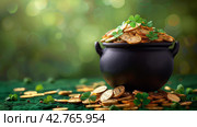 Pot of Gold Coins on Green Table. Стоковое AI-изображение, AI-художник Юлия Гапеенко / Фотобанк Лори